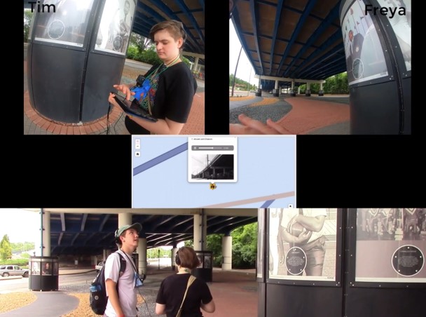 Photograph of composite video feeds showing two participants taking a story tour using an iPad